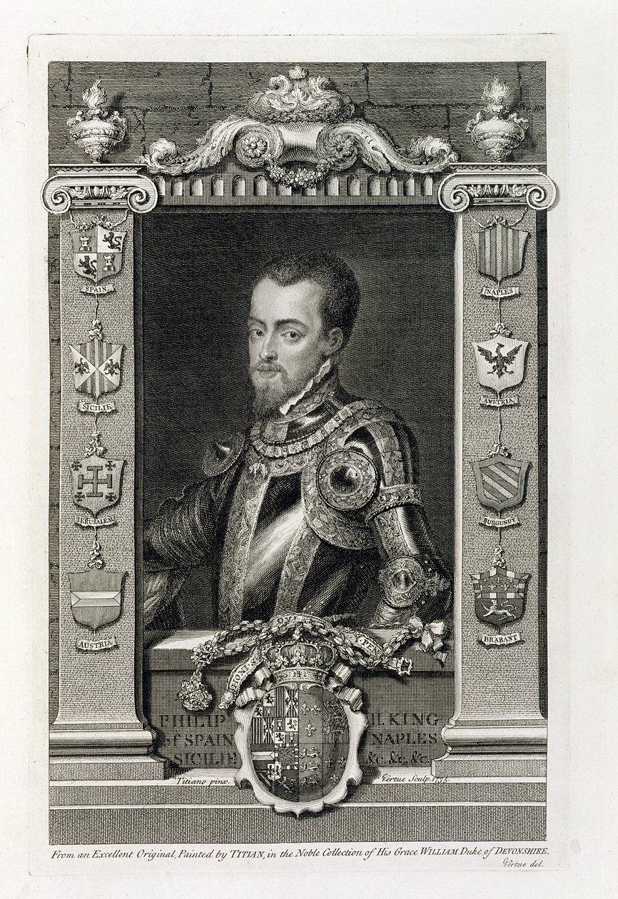 Philip II (1527-98) Espanjan kuningas vuodesta 1556, kaivertaja George Vertue (1684-1756) 1735. tekijältä Tiziano Vecelli