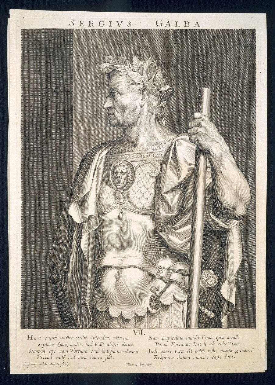 Sergius Galba Rooman keisari 68 jKr. Aegidius Sadelerin (1570-1629) kaiverruttama kuva tekijältä Tiziano Vecelli