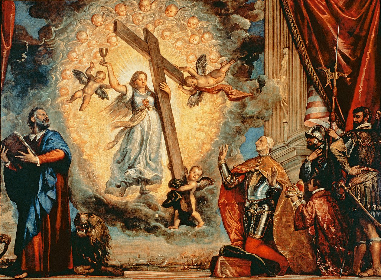 Doge Grimani polvistumassa Faithin edessä tekijältä Tiziano Vecelli