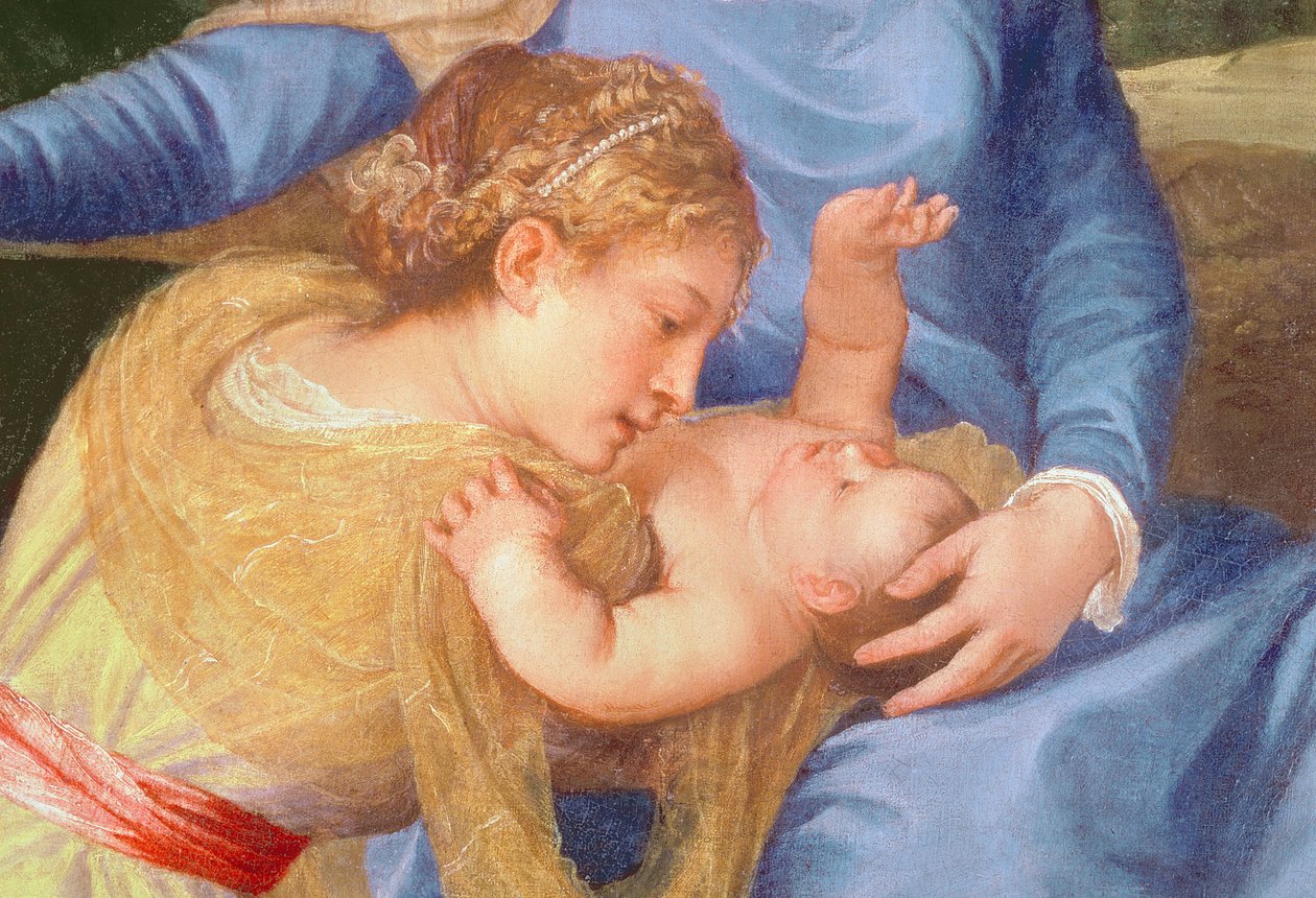 Neitsyt ja lapsi Pyhän Johannes Kastajan ja naispuolisen pyhän kanssa, yksityiskohta Neitsyestä, Kristus-lapsesta ja naispyhimyksestä, n. 1530-1535 öljy kankaalle tekijältä Tiziano Vecelli