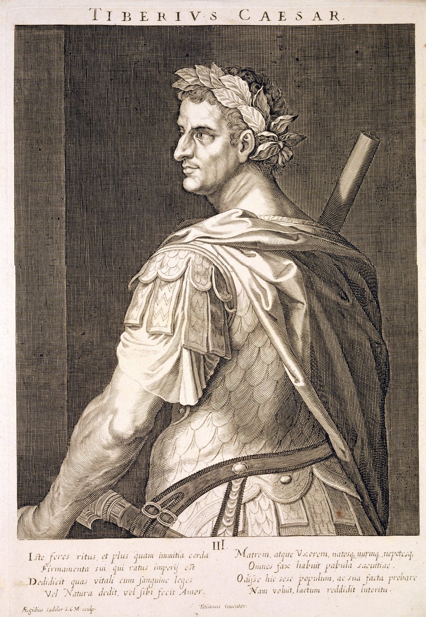 Tiberius Caesar (10 eKr. - 54 jKr.) Rooman keisari 14-37 jKr., kaiverrus Aegidius Sadeler (1570-1629) tekijältä Tiziano Vecelli
