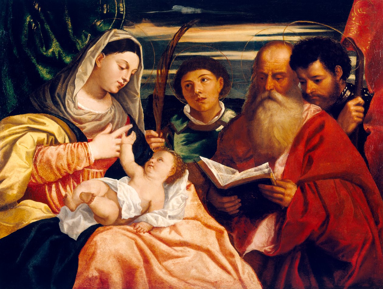 Madonna ja lapsi pyhien Stephenin, Jerome ja Maurice kanssa (öljy kankaalle) tekijältä Titian (c.1488 1576) (after)