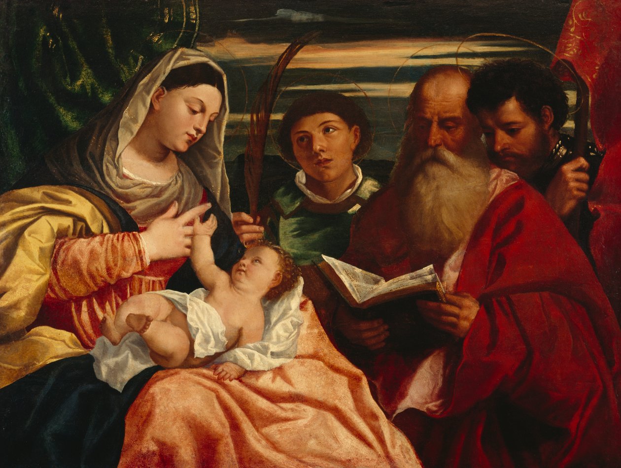 Madonna ja lapsi pyhien Stephenin, Jerome ja Maurice kanssa (öljy kankaalle) tekijältä Titian (c.1488 1576) (after)