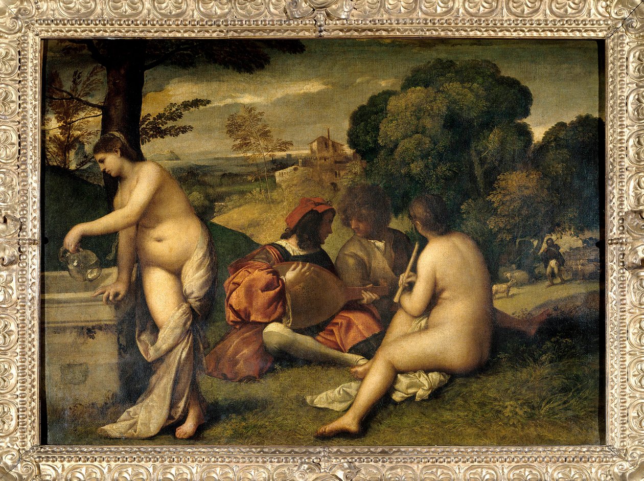 Bändin konsertti Muusikot nurmikolla, kaksi naista ovat alasti, yksi heistä täytti kannunsa vedellä suihkulähteessä. Tiziano Vecellio dit le Titian (1485-1576) tai Giorgio da Castelfranco dit Giorgione (1476/1478-1510) Sunin maalaus. 1,05 x 1 tekijältä Titian (c.1488 1576) (attr. to)
