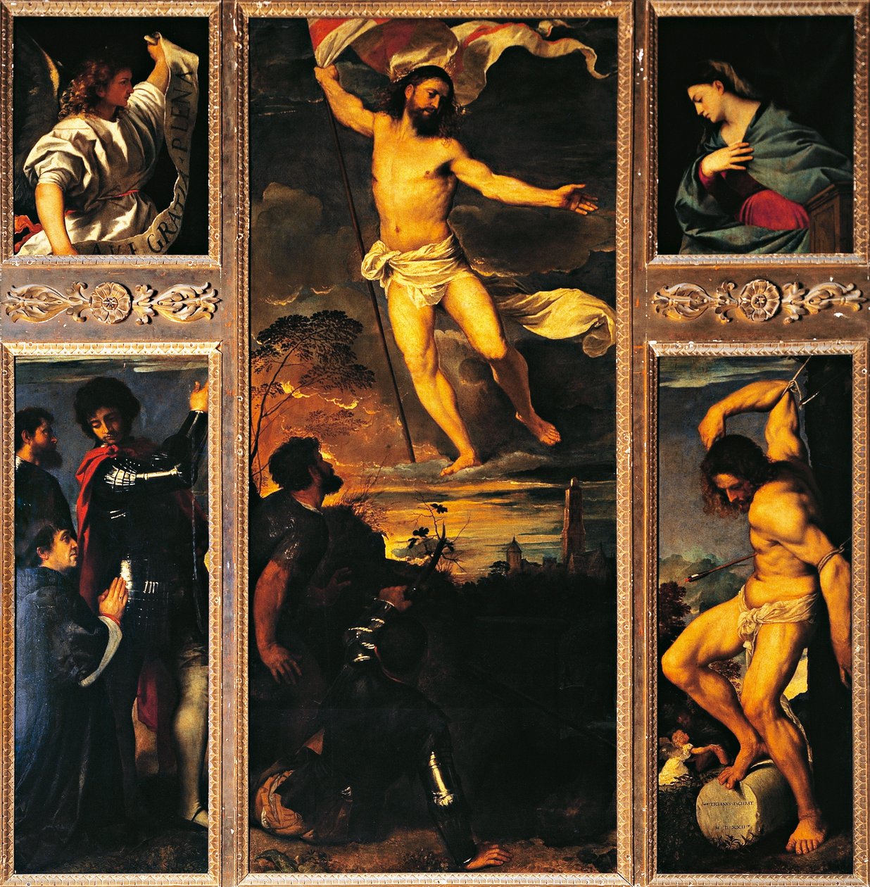 Vecellio Tizianon (1488-1576) Averoldi-alttaritaulu, öljy kankaalle, 278x292 cm Pyhän Nazarion ja Celson kollegiaalinen kirkko, Brescia tekijältä Titian (c.1488 1576)