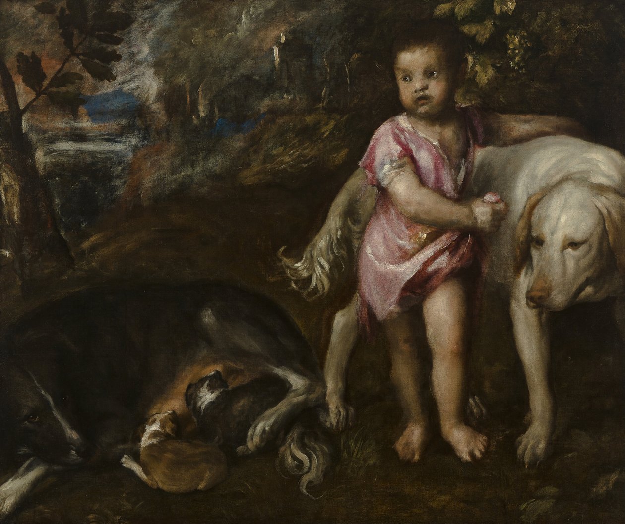 Poika koirien kanssa maisemassa tekijältä Titian (c.1488 1576)