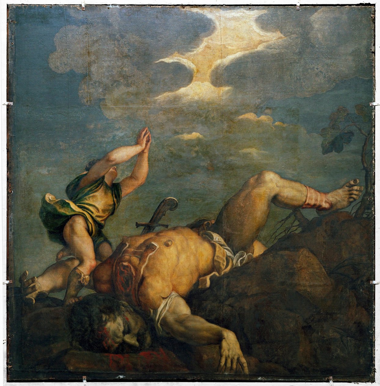 Daavid ja Goljat. Fresko ... (fresko) tekijältä Titian (c.1488 1576)