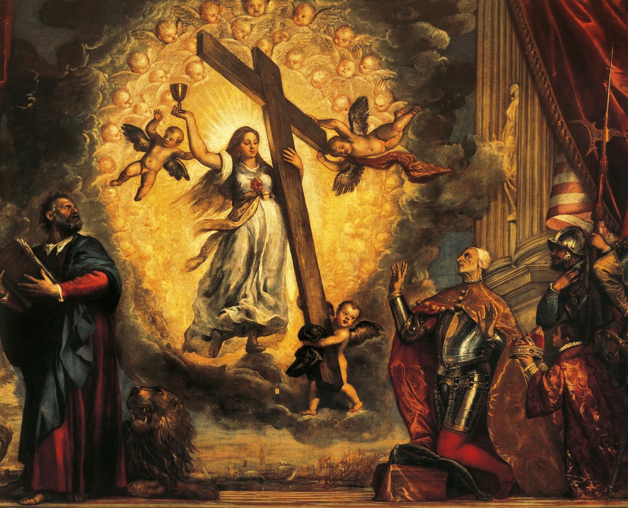Doge Antonio Grimani polvistumassa Faith ja Pyhän Markuksen edessä, kirjoittanut Titian (noin 1490-1576) tekijältä Titian (c.1488 1576)