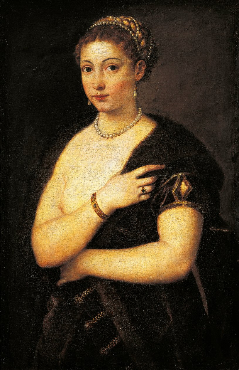 Tyttö turkissa, kirjoittaja Titian (n. 1490-1576), öljy kankaalle 95x63 cm tekijältä Titian (c.1488 1576)
