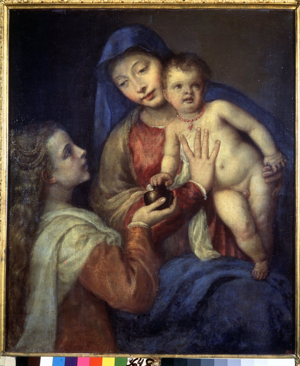Madonna ja lapsi Maria Magdalenan kanssa. Titianin maalaus (Tiziano Vecellio tai Vecelli tai Tiziano da Cador tekijältä Titian (c.1488 1576)
