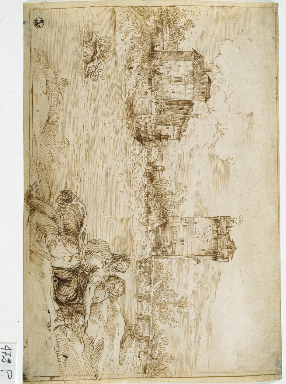 Maisema (tussi ja muste paperille) tekijältä Titian (c.1488 1576)