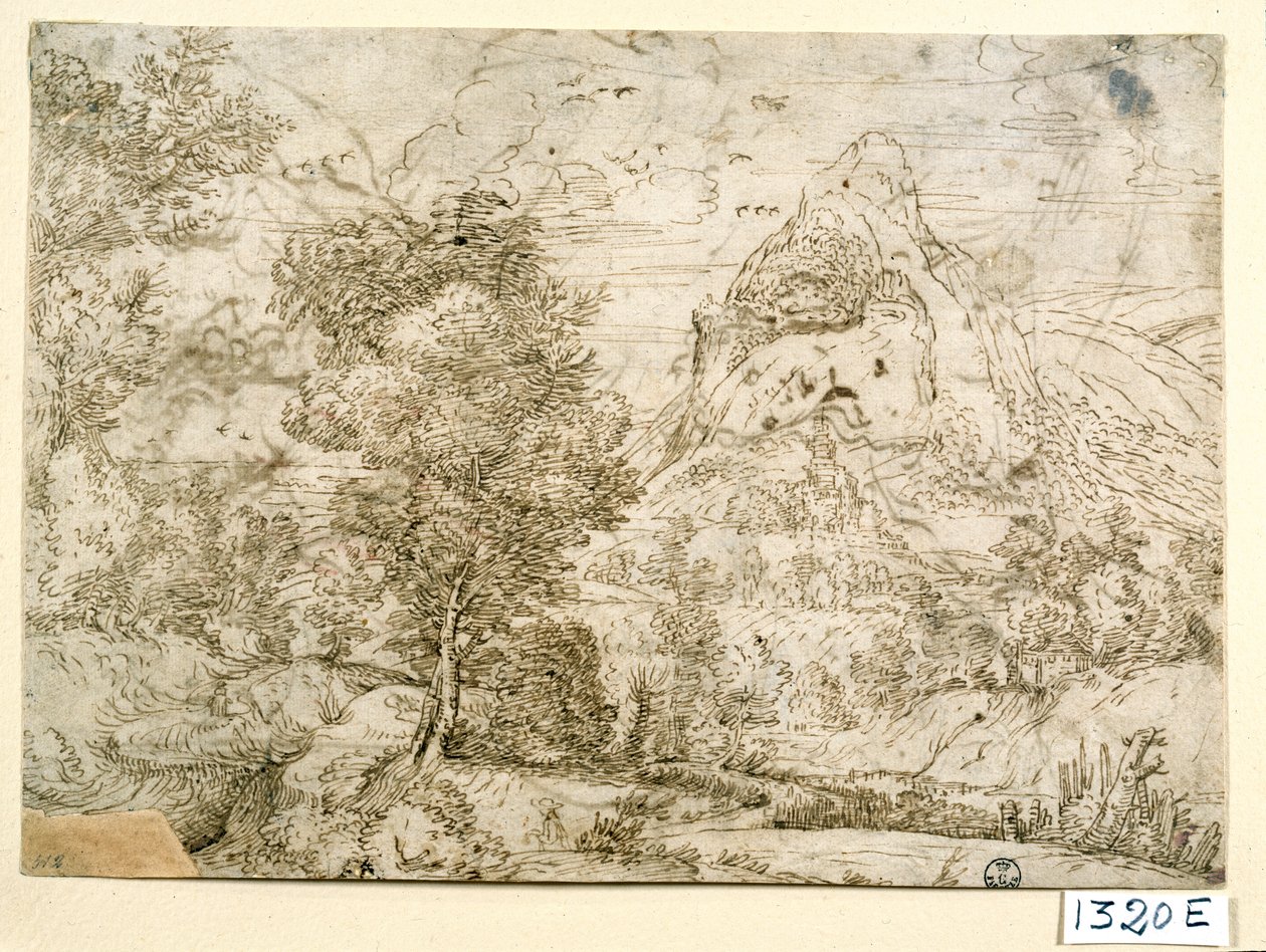 Maisema, jossa linnut lentävät (muste paperille) tekijältä Titian (c.1488 1576)
