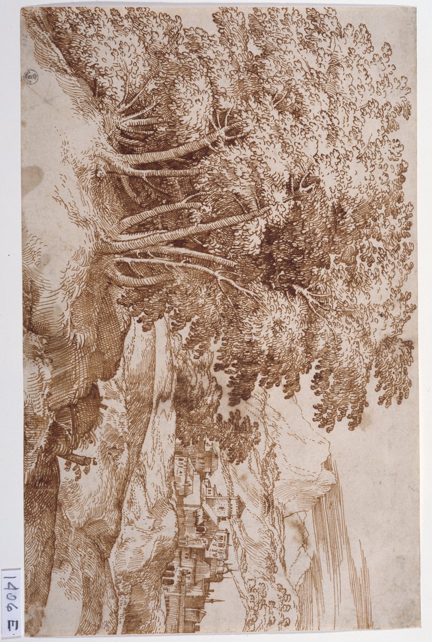 Maisema, jossa vasemmalla puita ja taustalla kaupunki (tussi ja tussi paperille). tekijältä Titian (c.1488 1576)