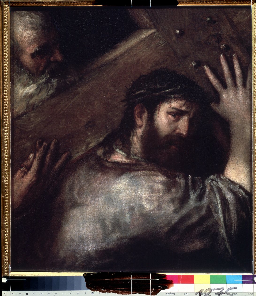 Kristus kantaa ristiä (Le portement de croix) (Kristus kantaa ristiä). Titianin tai Le Titianin maalaus (Tiziano Vecellio tai Vecelli tai Tiziano da Cador tekijältä Titian (c.1488 1576)