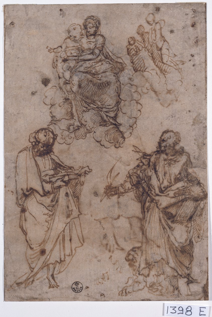 Madonna ja lapsi istuvat pilvien päällä pyhien tai apostolien kanssa (kynä ja muste paperille) tekijältä Titian (c.1488 1576)