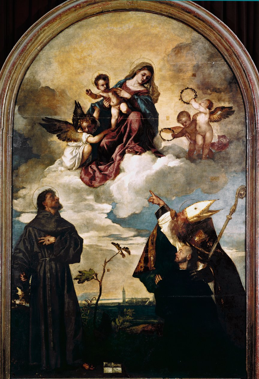 Madonna kunniassa lapsen, pyhien Franciscuksen ja Alvisen sekä lahjoittajan Luigi Gozzin kanssa tekijältä Titian (c.1488 1576)