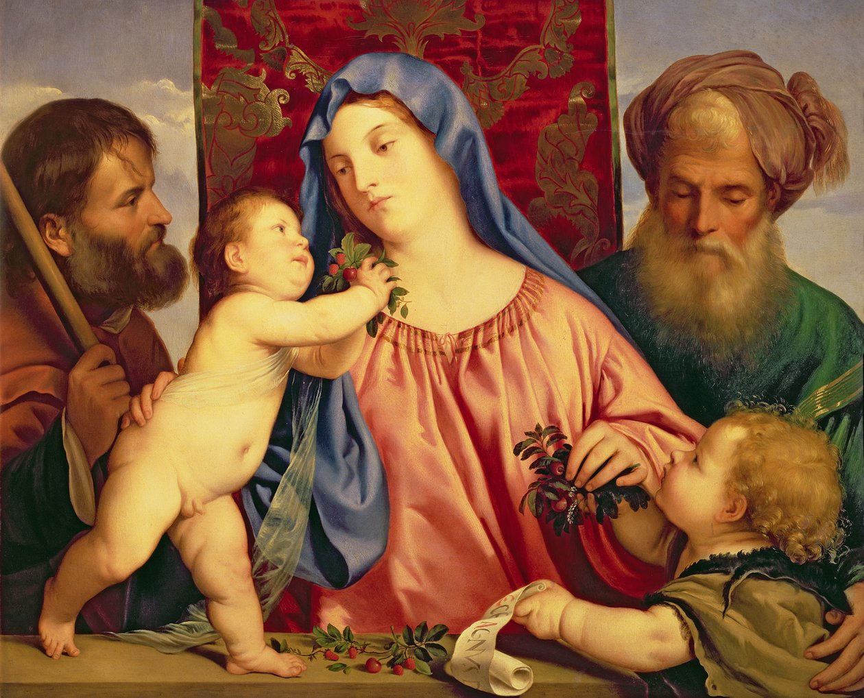 Kirsikoiden madonna Joosefin, Pyhän Sakariaan ja Johannes Kastajan kanssa (paneeli) tekijältä Tiziano Vecelli