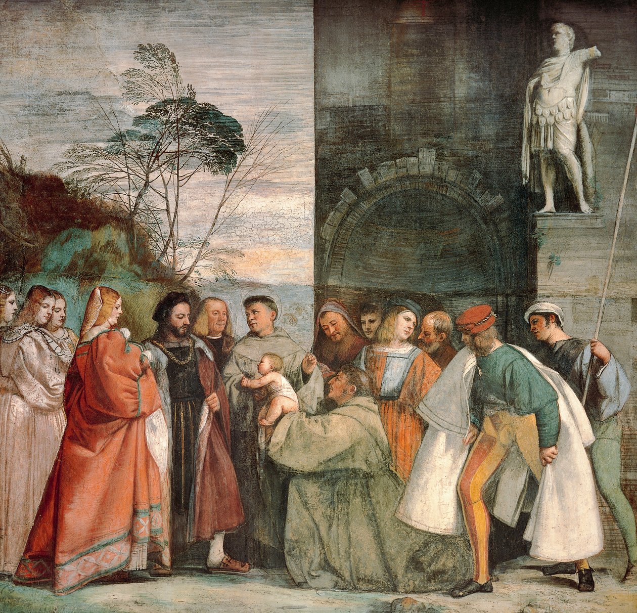 Vastasyntyneen lapsen ihme, yksityiskohta kohtauksista Pyhän Anthony Padovalaisen elämästä, kirjoittanut Titian (n. 1490-1576), fresko, School of Saint tai Scoletta, Padova tekijältä Titian (c.1488 1576)