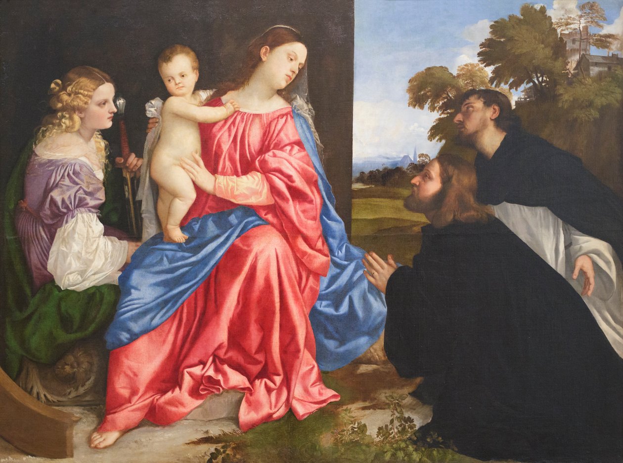 Pyhä keskustelu pyhien Katariinan ja Dominicin sekä lahjoittajan kanssa, n. 1533 (öljy kankaalle) tekijältä Titian (c.1488 1576)
