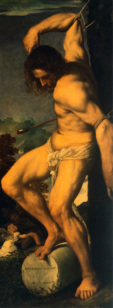 San Sebastian, yksityiskohta Averoldin polyptyykistä, kirjoittanut Titian (n. 1490-1576), öljy kankaalle tekijältä Titian (c.1488 1576)