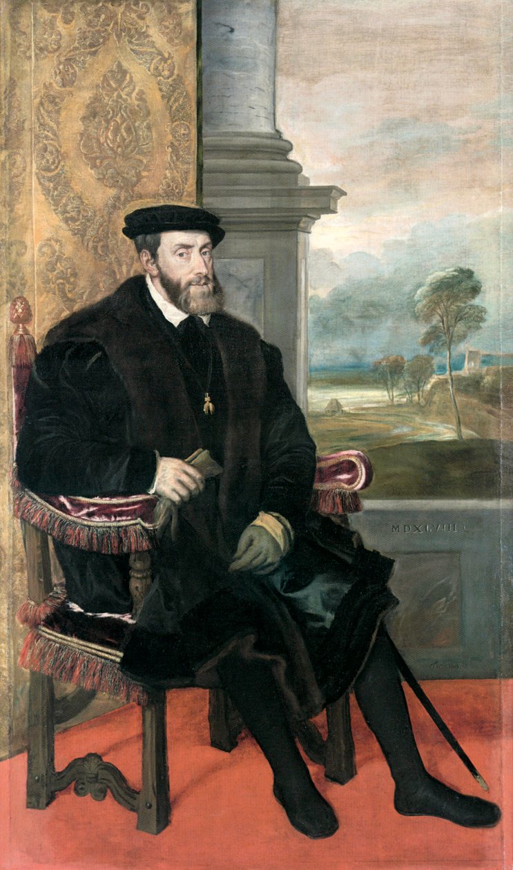 Istuva muotokuva keisari Kaarle V:stä tekijältä Titian (c.1488 1576)
