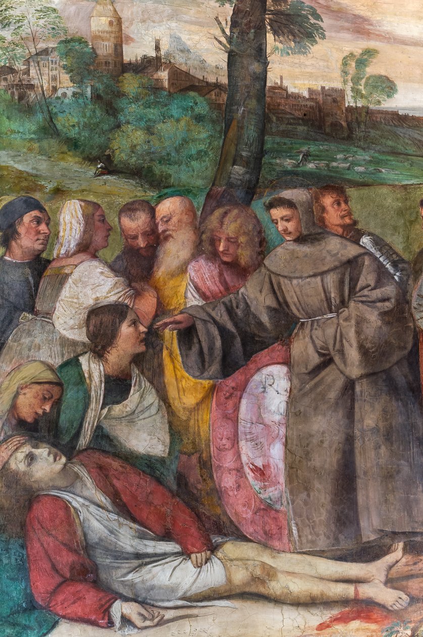 St Anthony kiinnittää jalkansa uudelleen nuorelle miehelle, Pyhän koulu, yksityiskohta 2197268 (fresko) tekijältä Titian (c.1488 1576)