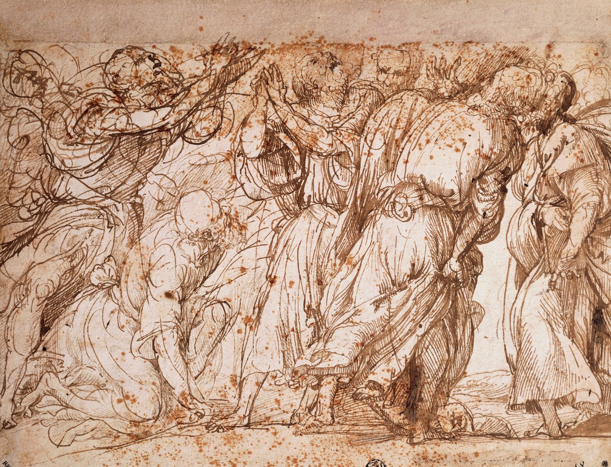 Tutkimus apostolien ryhmästä Frarin taivaaseenastumisen kirkossa Venetsiassa, Tiziano Vecellio (n. 1490-1576), kynä- ja mustepiirustus tekijältä Titian (c.1488 1576)