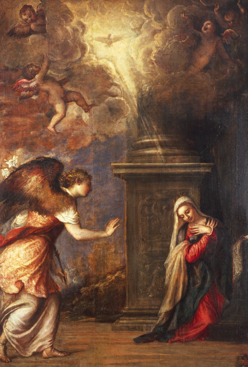 Ilmoitus, kirjoittanut Titian (n. 1490-1576), San Domenico Maggioren kirkosta Napolissa, öljy kankaalle, 280x210 cm tekijältä Titian (c.1488 1576)