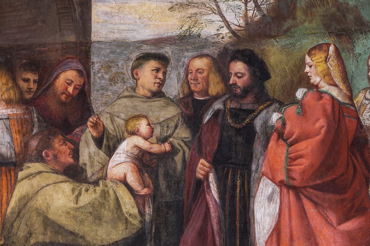 Vauva julistamassa äidin viattomuutta, pohjoinen muuri, Pyhän koulu, yksityiskohta 2195188 ja 2195385 tekijältä Titian (c.1488 1576)