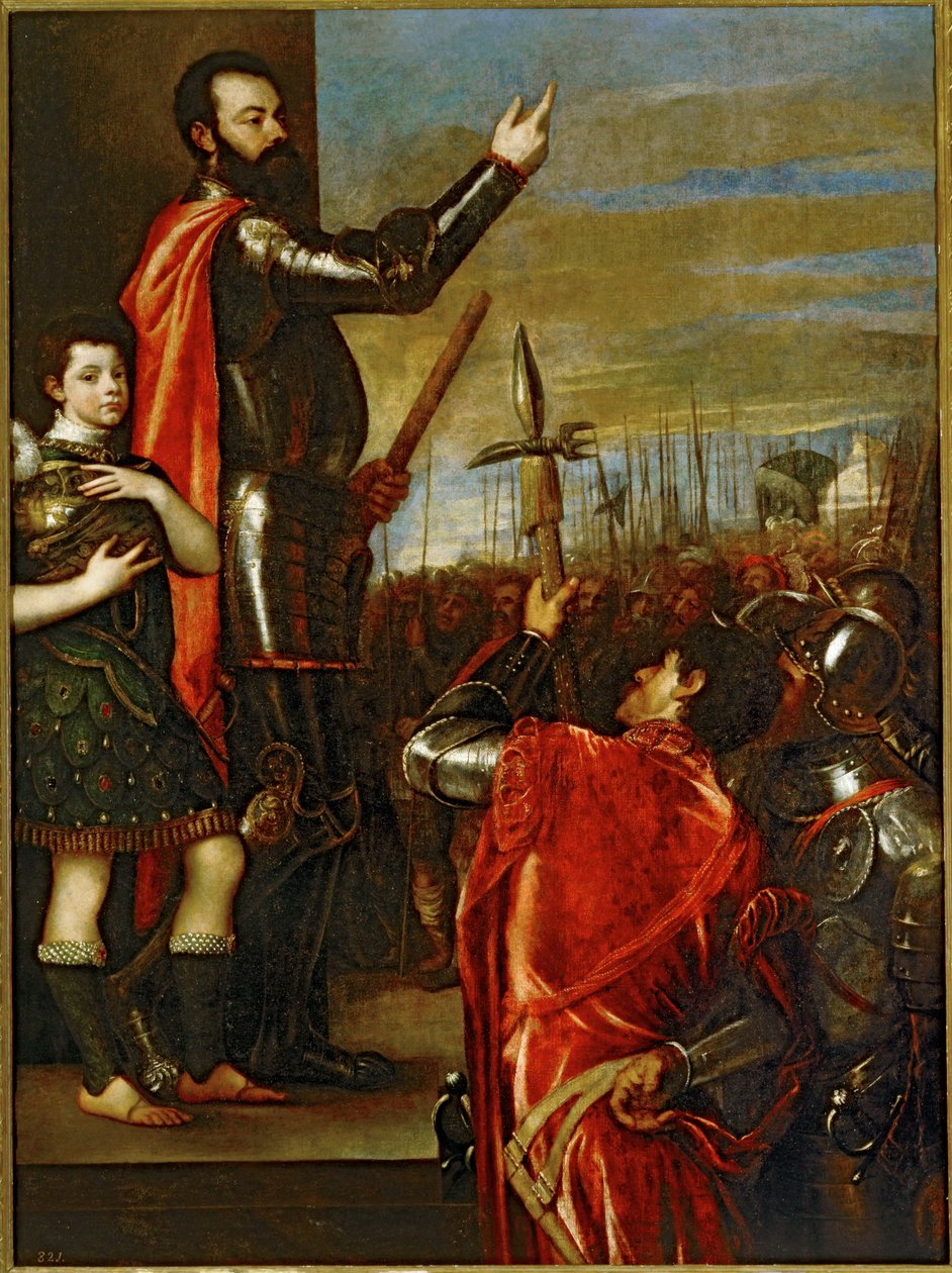 Vaston markiisi puhuttelee sotilaitaan ... (maalaus kankaalle) tekijältä Titian (c.1488 1576)