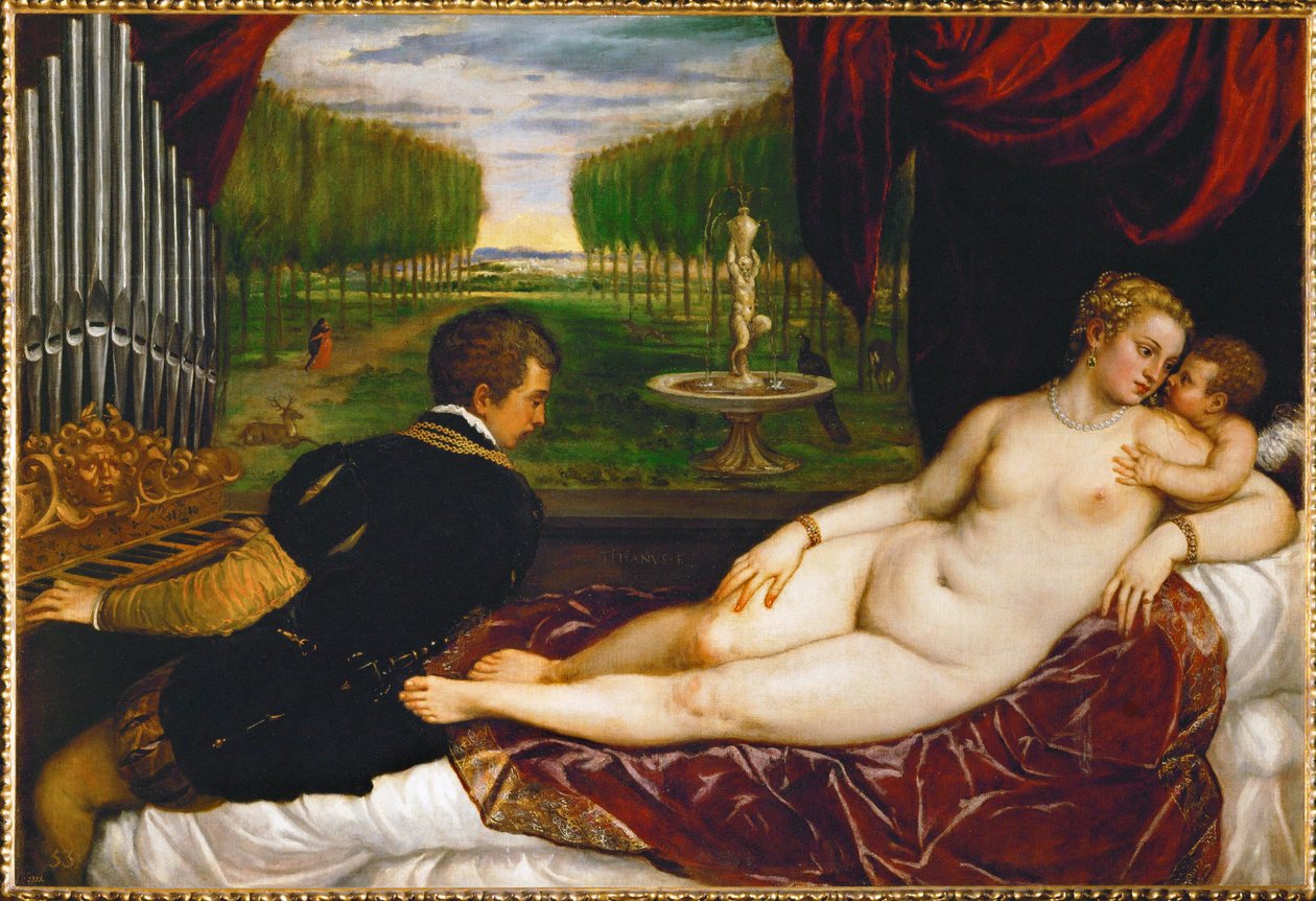 Venus, Amor ja urkuri ... (maalaus kankaalle) tekijältä Titian (c.1488 1576)