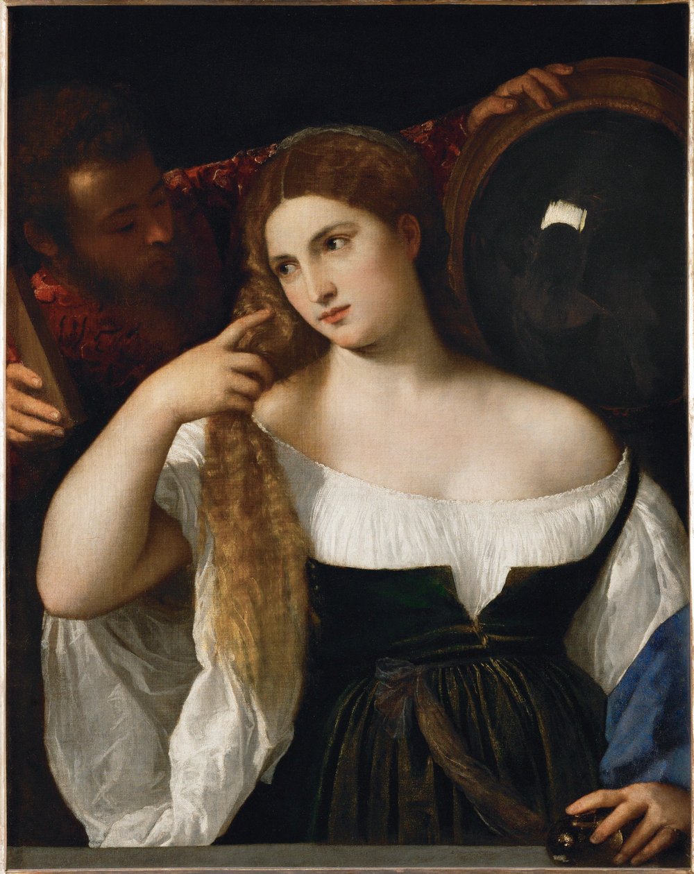 Nainen peilin kanssa tekijältä Titian (c.1488 1576)