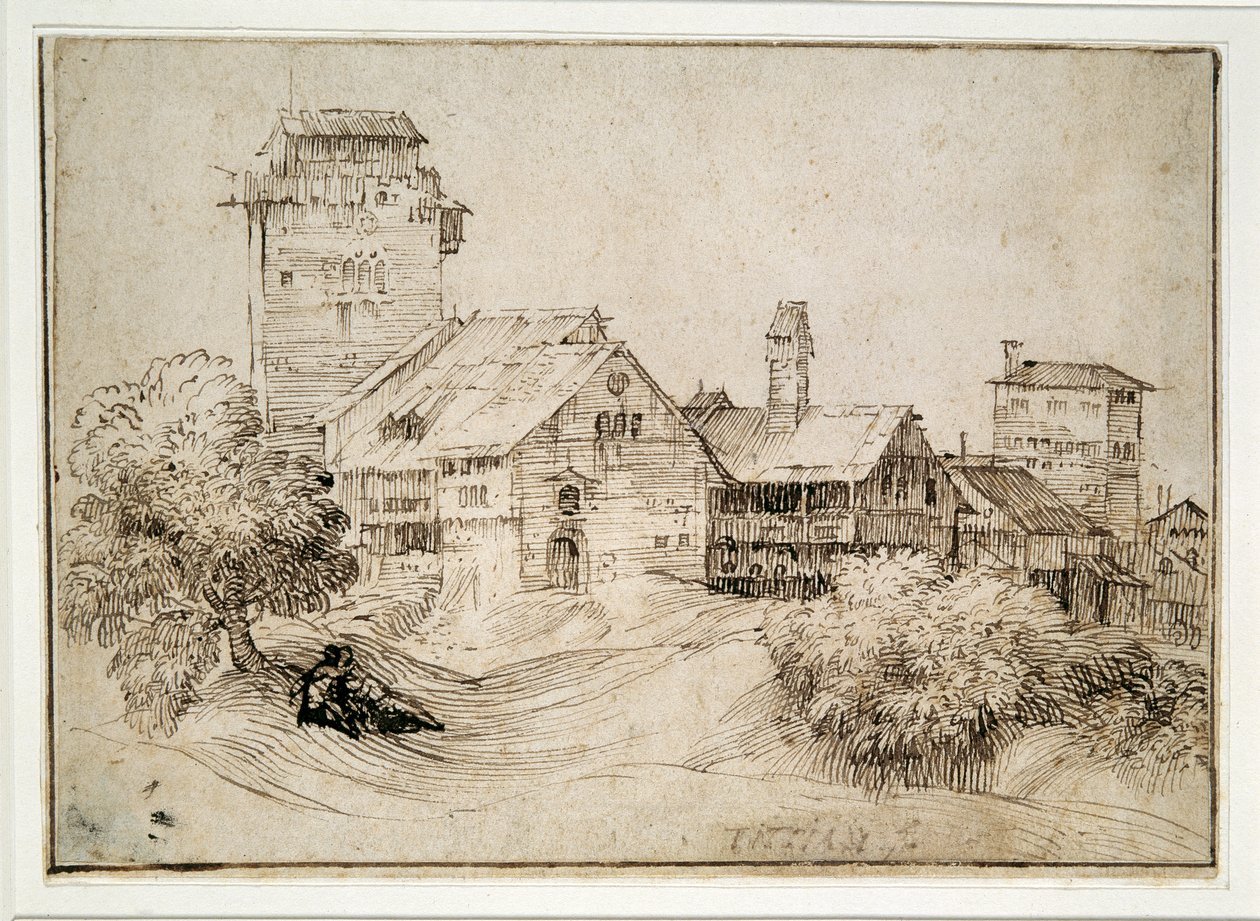 Alppien kylä ja rakastajat halaavat (kynä ja muste paperille) tekijältä Titian (c.1488 1576) (after)