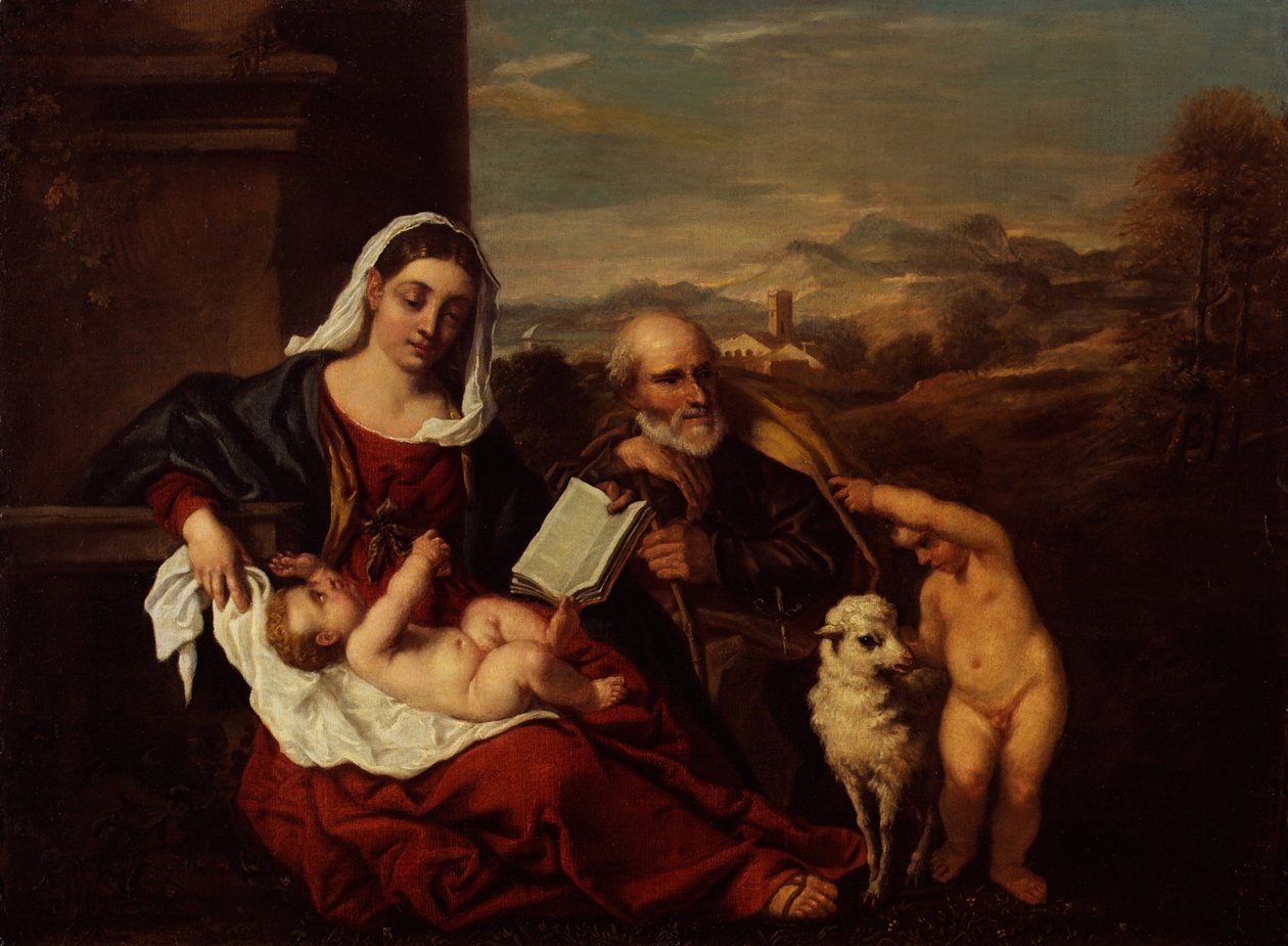 Pyhä perhe Johannes Kastajan lapsen kanssa (öljy kankaalle) tekijältä Titian (c.1488 1576) (after)