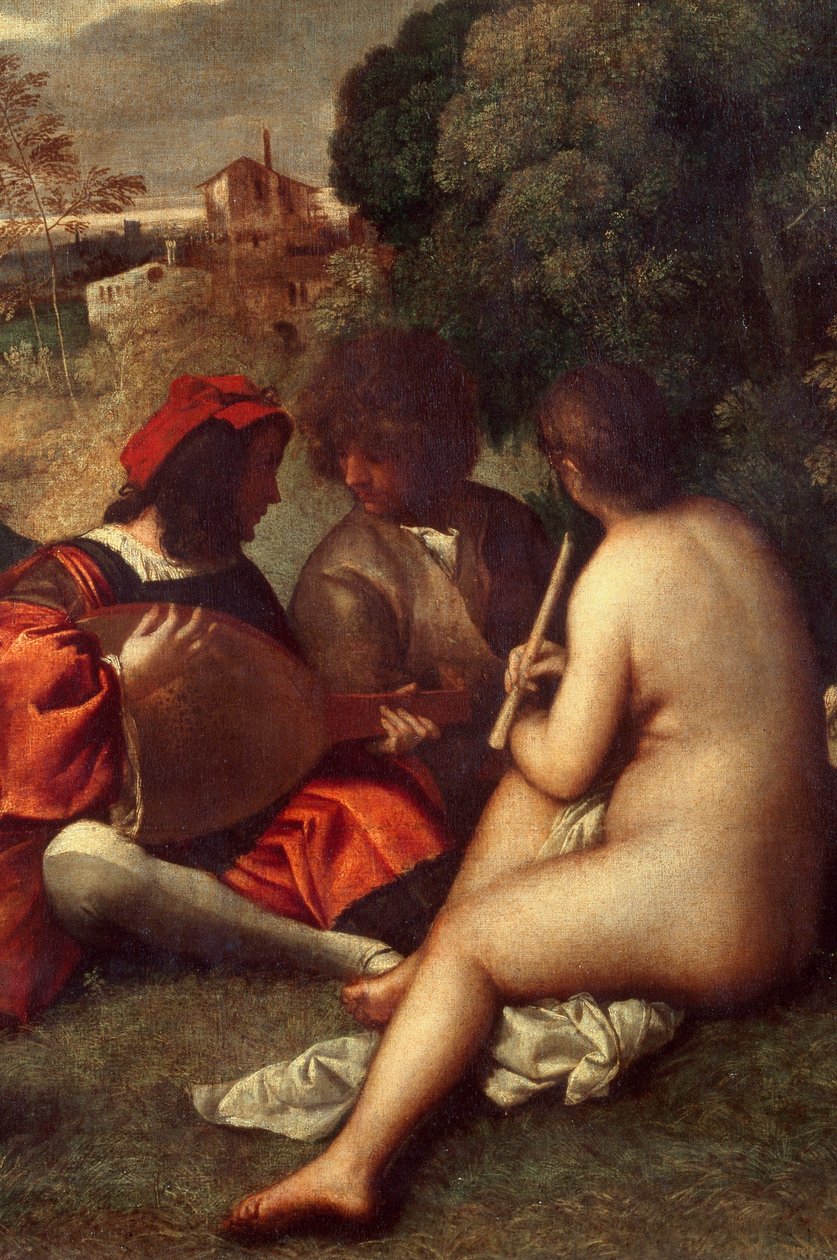 Bändikonsertti Muusikot nurmikolla, naiset alasti. Yksityiskohta. Tiziano Vecellio dit le Titian (1485-1576) tai Giorgio da Castelfranco dit Giorgione (1476/1478-1510) Sunin maalaus. 1,05 x 1,36 m Pariisi, musee du Louvre tekijältä Titian (c.1488 1576) (attr. to)