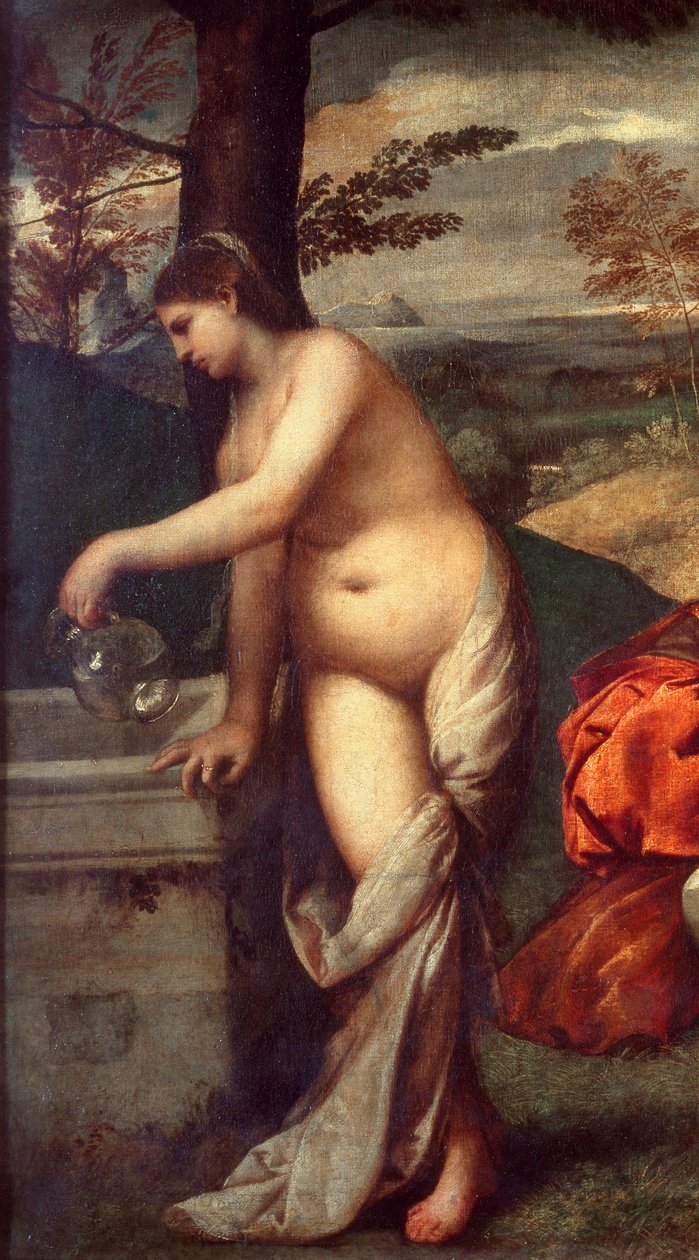 Bändikonsertti Muusikot nurmikolla, naiset alasti. Yksityiskohta yhdestä heistä täyttämässä kannunsa suihkulähteeseen. Tiziano Vecellio dit le Titian (1485-1576) tai Giorgio da Castelfranco dit Giorgione (1476/1478-1510) Sunin maalaus. 1,05 x 1,36 m Pari tekijältä Titian (c.1488 1576) (attr. to)