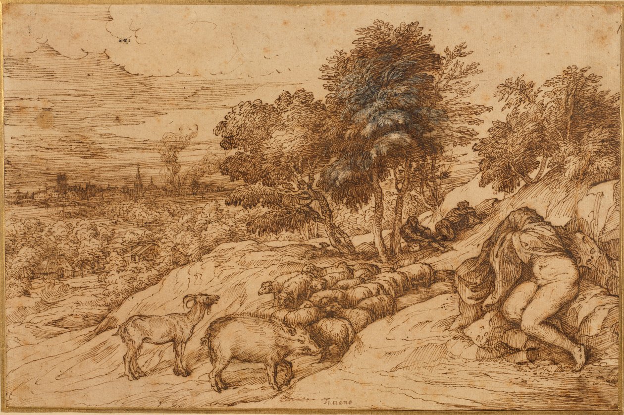 Puinen maisema, jossa alaston nainen, pään peitossa (kynä ja ruskea muste kermapaperilla) tekijältä Titian (c.1488 1576)