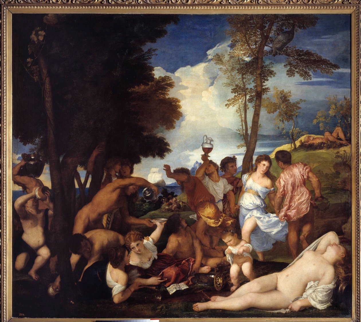 Bacchuksen saapuminen Androsin saarelle (Bacchanal of the Andrii). Saapuminen Bacchuksesta Androsin saarelle. Kuva, joka esittää satiirien ja bacchantien juhlaa jumalallisen Bacchuksen (Baccanal) kunniaksi. Tiziano Vecellion maalaus nimeltä Tizian (1485-15 tekijältä Tiziano Vecelli