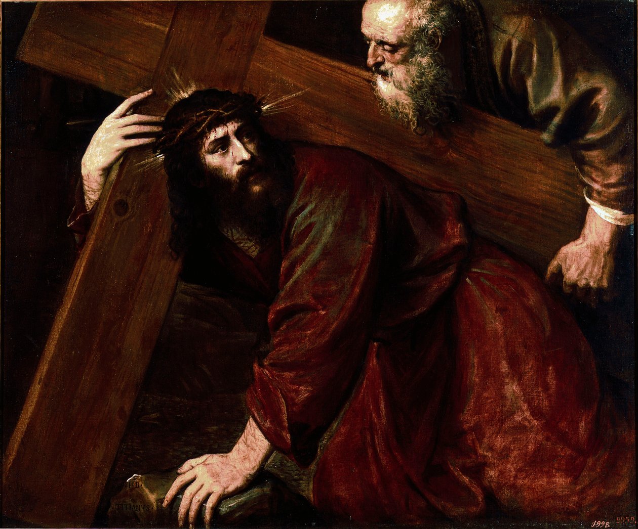 Kristus ja Simon Kyrenelainen Simon Kyrenelainen (Kyrenelainen) auttavat Jeesusta kantamaan ristinsä. Tiziano Vecellion maalaus nimeltä Tizian (1485-1576) tekijältä Tiziano Vecelli