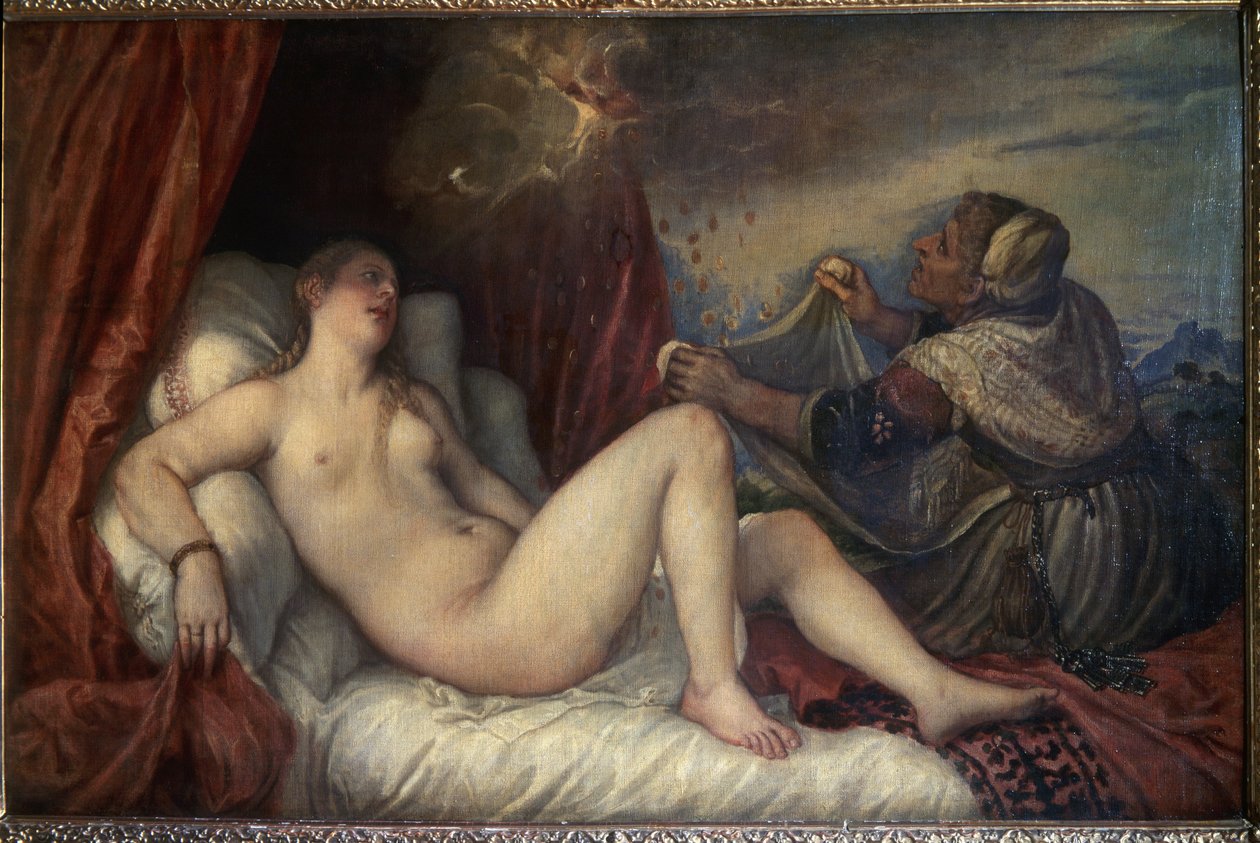 Danae. Kreikkalainen mytologia: Zeus esittelee itsensä Danaelle kultakolikoiden sateen muodossa vietelläkseen hänet. Maalaus (iziano Vecellio dit Le Titien (Vecelli tai Tiziano da Cador) tekijältä Tiziano Vecelli
