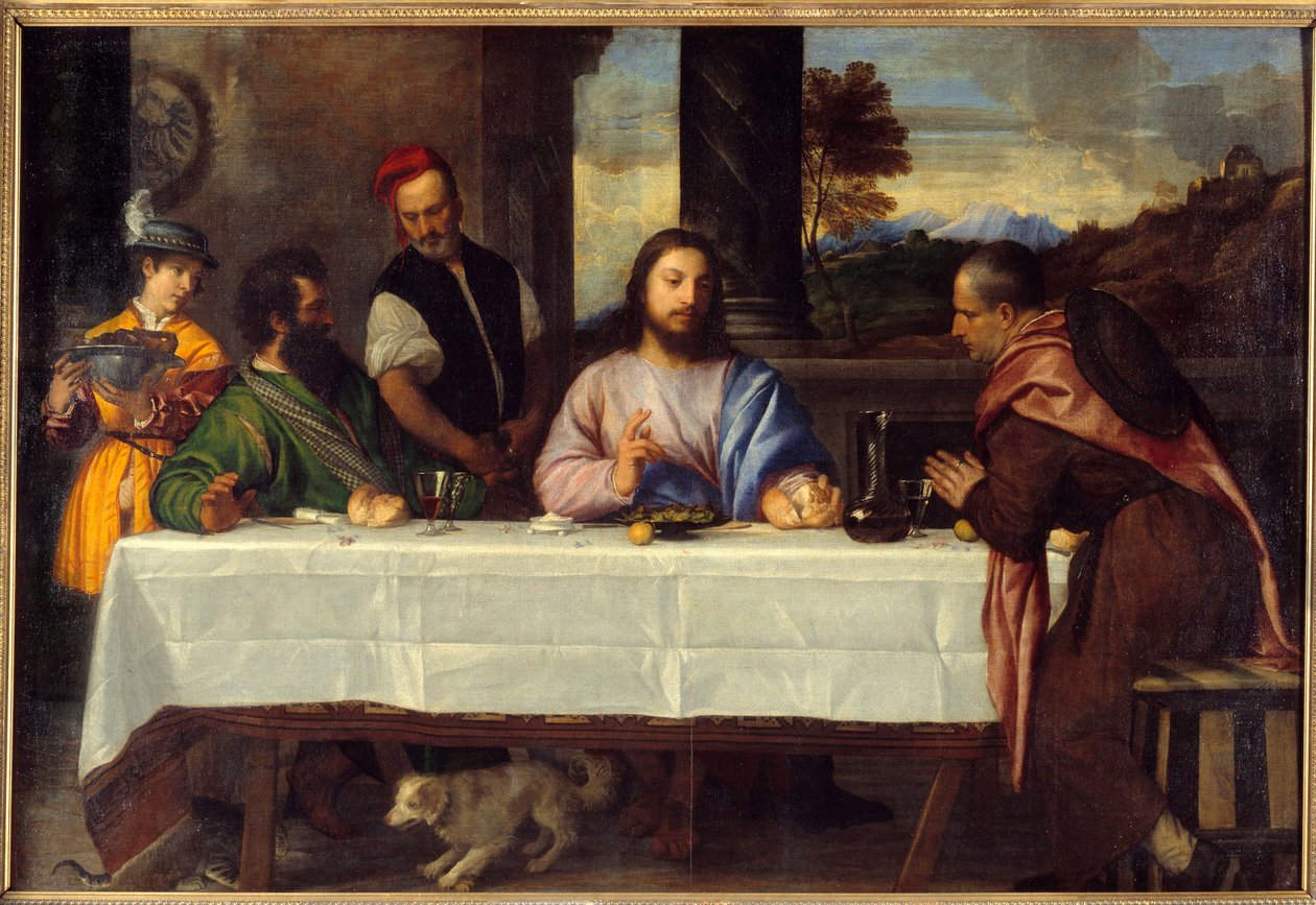 Illallinen Emmauksessa Tapaa Jeesus pelerinien kanssa. Tiziano Vecellio dit le Titian (1485-1576) maalaus 1500-luvun su. 1,69 x 2,44 m tekijältä Titian (c.1488 1576)
