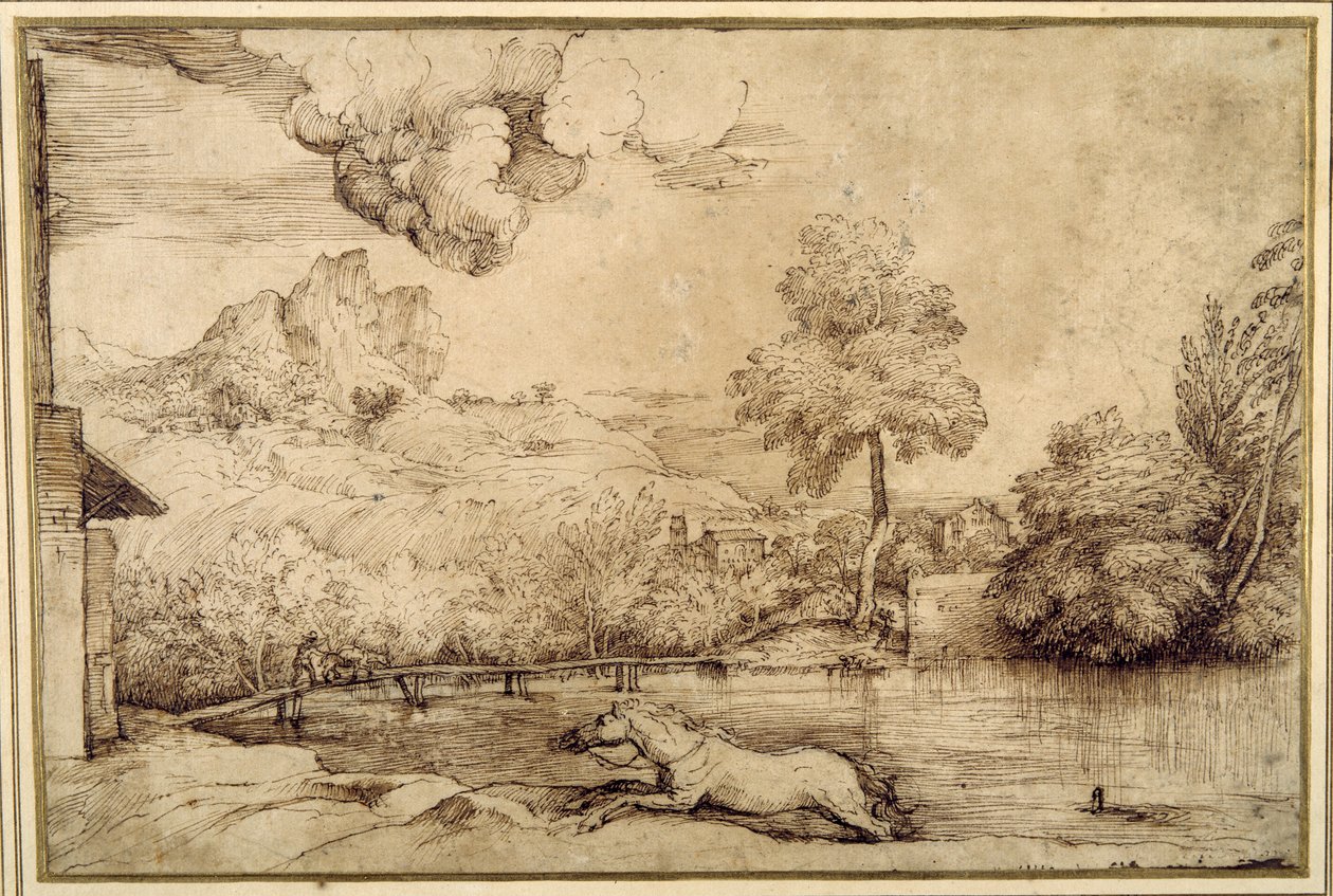 Maisema: ratsastamaton hevonen, jota käärme takaa (kynä ja ruskea muste kermanvärisellä paperilla) tekijältä Titian (c.1488 1576)