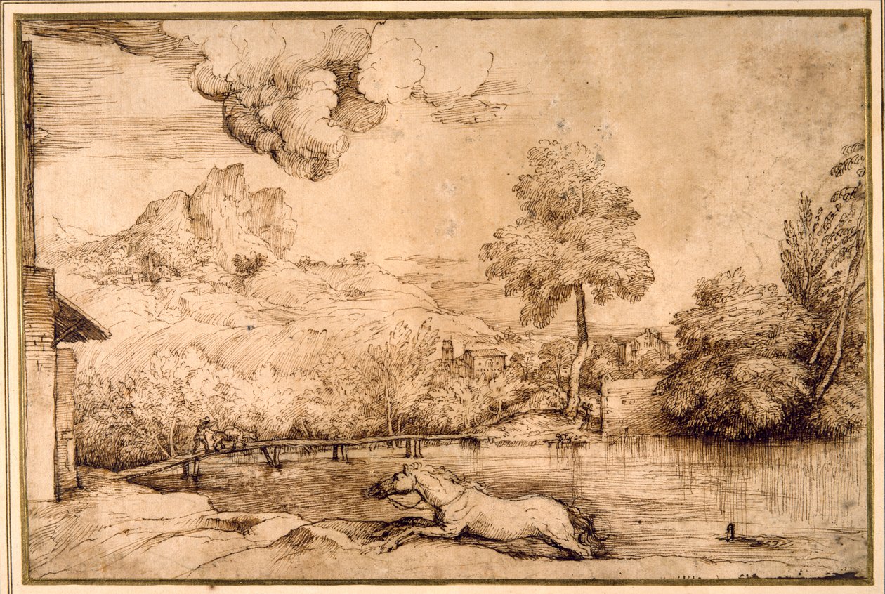 Maisema: ratsastamaton hevonen, jota käärme takaa (kynä ja ruskea muste kermapaperilla) tekijältä Titian (c.1488 1576)