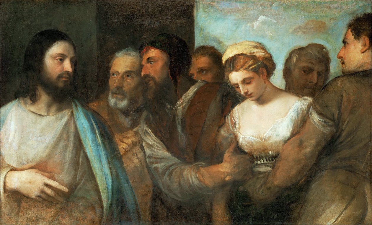 Le Christ et la femme adultere - Kristus ja aviorikoksesta otettu nainen, kirjoittanut Tizian (1488-1576). Öljy kankaalle, c. 1520. Mitat : 82,5x136,5 cm. Taidehistoriallinen museo, Vienne tekijältä Tiziano Vecelli