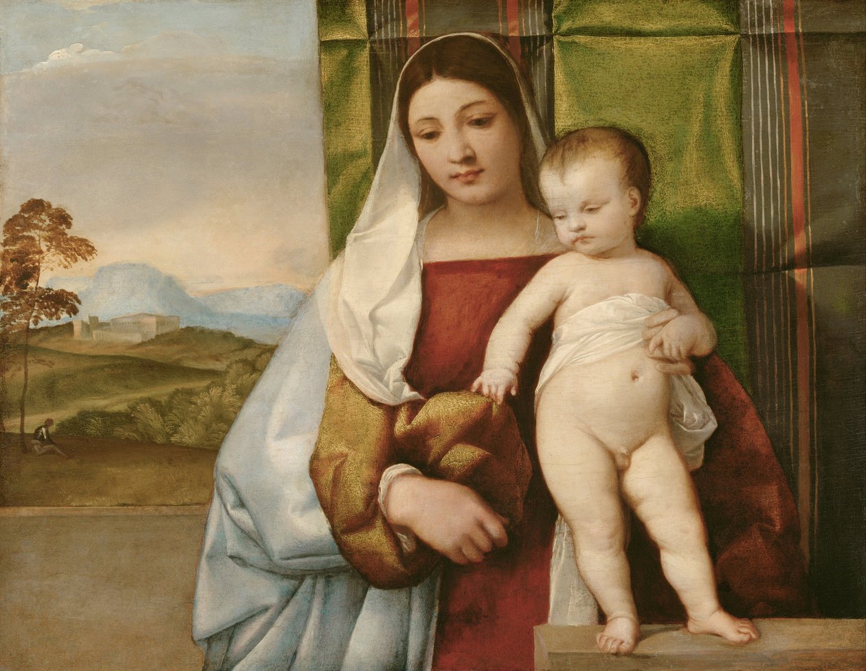 ""Madonna zingarella"" (La madone bohemienne) (Gipsy Madonna) Tizianon (Titian tai Tizian) (1488-1576) maalaus noin 1510 - Öljy puulle Koko 65,5x83,5 cm Taidehistoriallinen museo, Wien tekijältä Titian (c.1488 1576)