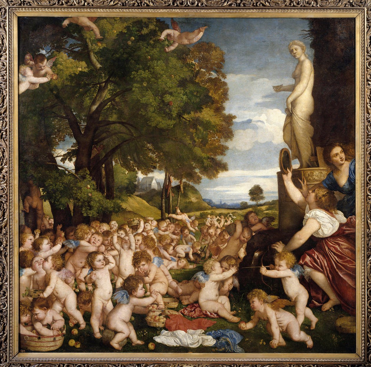 Offrande a Venus Pienet rakkaudet (enkelit) kokoontuvat kunnioittamaan jumalatar Aphroditea - Tiziano Vecellion maalaus nimeltä Titian (1485-1576) 1518 Sun. 1,72 x 1,75 m Madrid Musee du Prado - Venuksen palvonta - Tiziano Vecellion maalaus Tit tekijältä Tiziano Vecelli