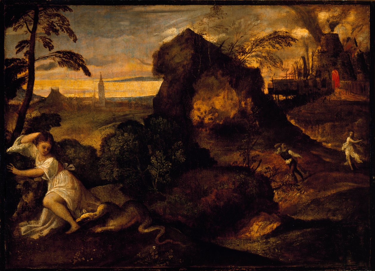 Tiziano Vecellion Orphee ja Eurydice -maalaus nimeltä Titian (n. 1490-1576). 1500-luvun Accademia Carrara, Bergamo tekijältä Tiziano Vecelli