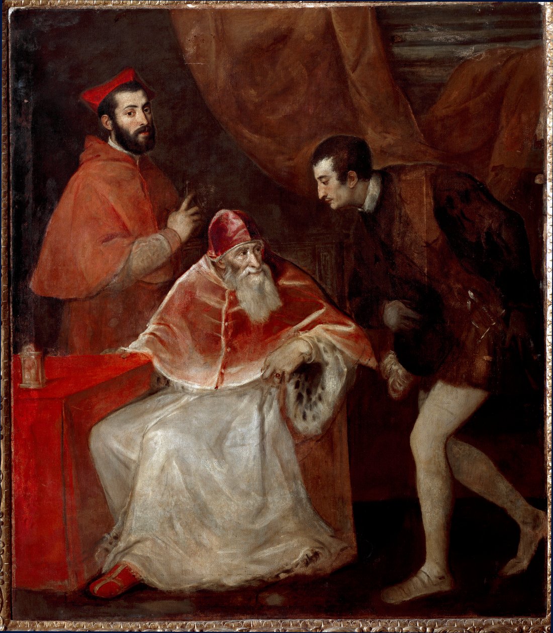 Paavi Paavali III ja hänen pojanpoikansa (Alessandro ja Ottavio Farnese) tekijältä Tiziano Vecelli