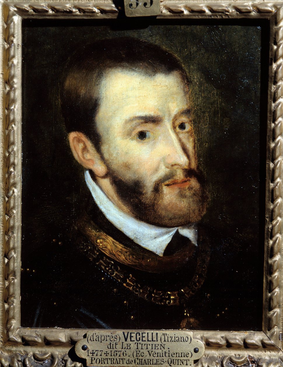 Keisari Kaarle V:n (1500-1558) muotokuva Augustine Quesnelin (1595-1661) maalaus Tiziano Vecellion mukaan, joka tunnetaan nimellä Le Titian (1485-1576) 1500-luvulla. Chantilly, Musee Conde tekijältä Titian (c.1488 1576)