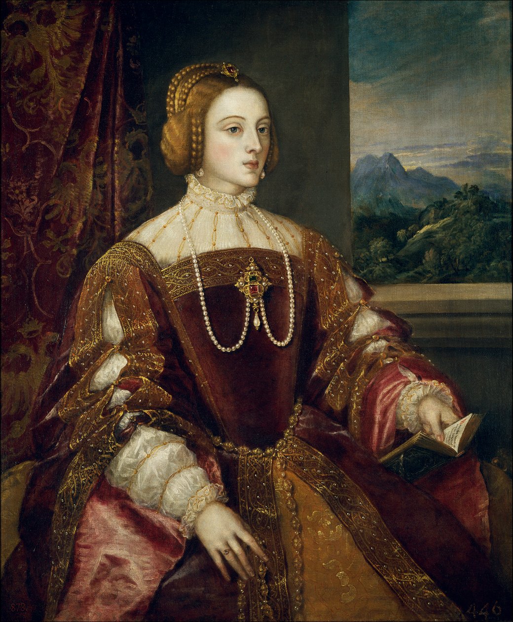 Portugalilaisen vaikutuksen Isabellan muotokuva (1503-1539) Tiziano Vecellion maalaus nimeltä Tizian (1485-1576) 1548 Sun. 1,17x0,98 m Madrid, Pradon museo tekijältä Tiziano Vecelli